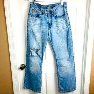 CINCH Up Holes Ripped Light Wash Blue Denim Men’s size 32x32 Distressed Everett